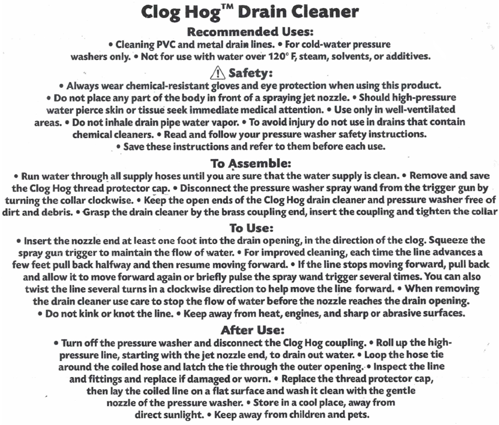Sewer Jetter Safety and Instruction Sheet